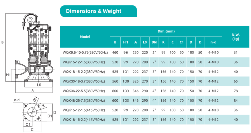 Насос WQK 48-25-7.5 , 7,5 кВт, 380 В, DN100, чугун, 40 С, с АТМ, SHIMGE